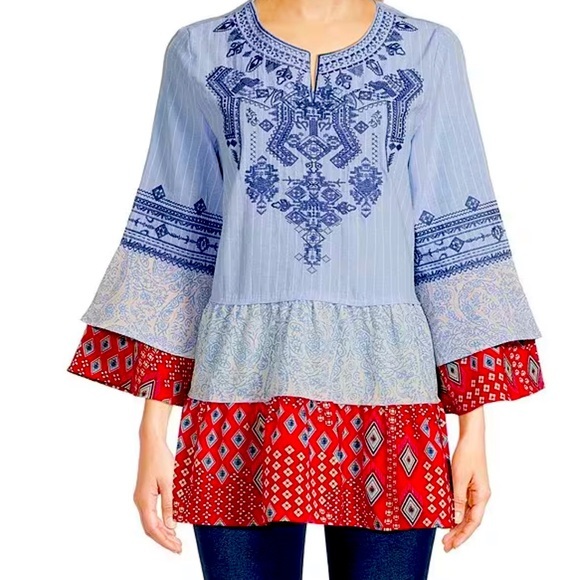 Patchwork Print Embroidered Split Round Neck 3/4 Tiered Ruffle Sleeve Tunic - Picture 1 of 3